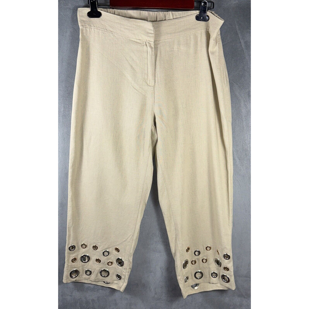 Soft Surroundings Women's Farrah Linen/Rayon Crop Tan Pants Embellished Sz PM‎